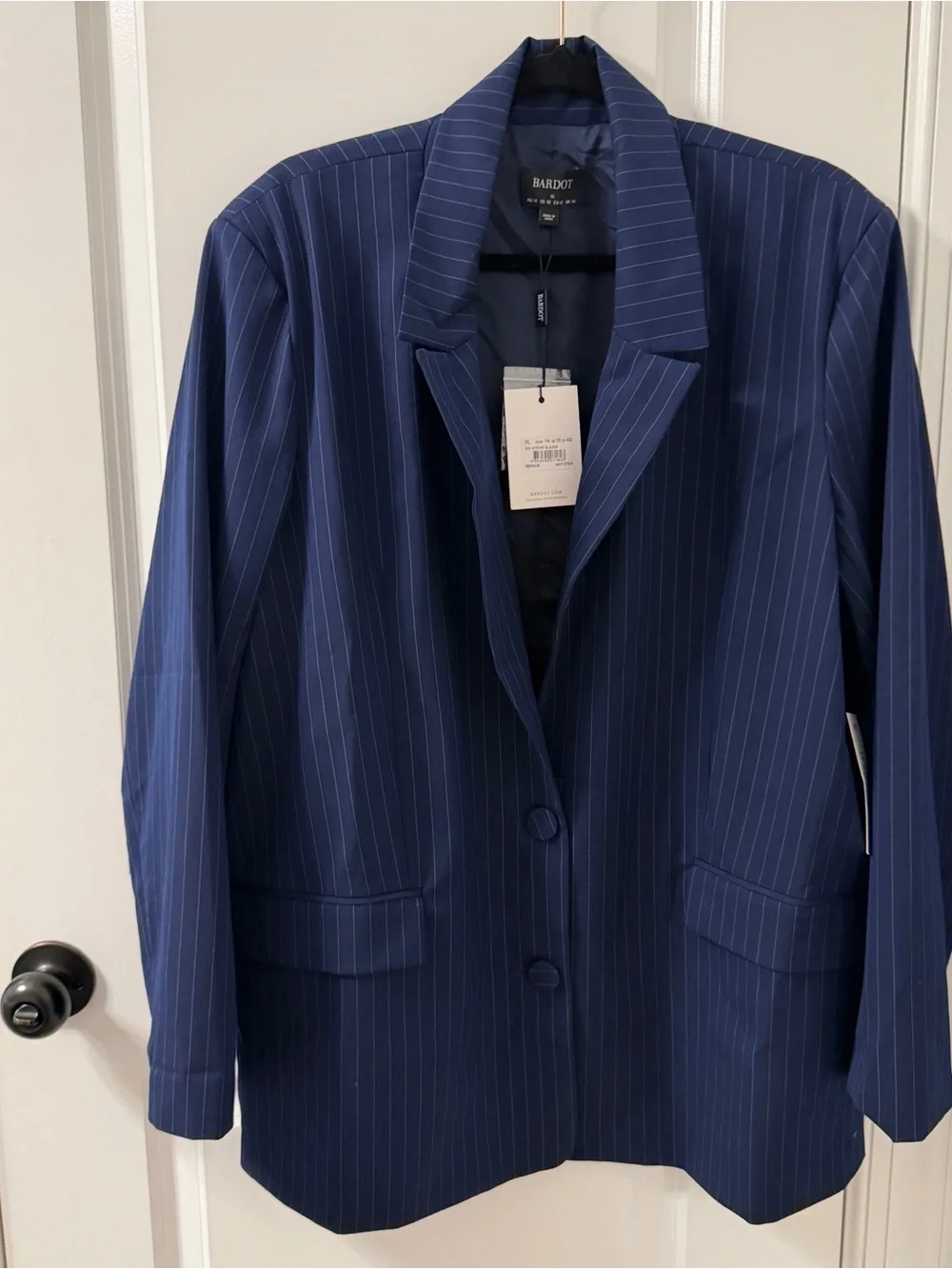 NWT Bardot Oversized Longline Navy Pinstripe Single-Breasted Blazer Sz 10 medium